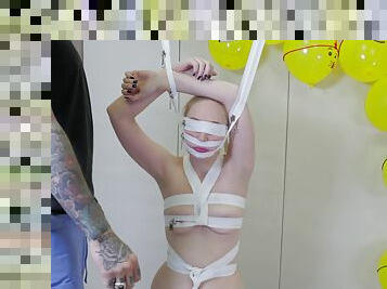 Delirious Hunter tied up and creamed on the face cruelly