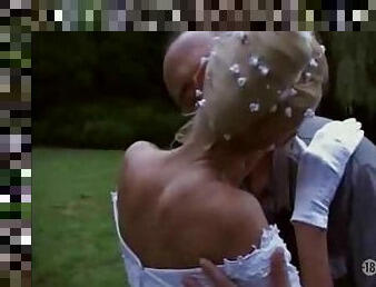 Naughty bride taken outdoors by two guys