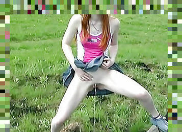 Shaved teen redhead pussy pissing outdoors