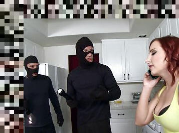 Burglars pull out their dicks and bang the slutty redhead in tights