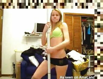 Hot blonde stripping and pole dancing on camera