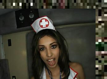 Three salacious nurses administer first aid to the guy