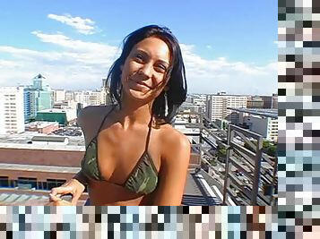 Victoria the sexy tanned brunette gives a handjob on the roof