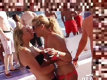 Boat party babes flashing and kissing
