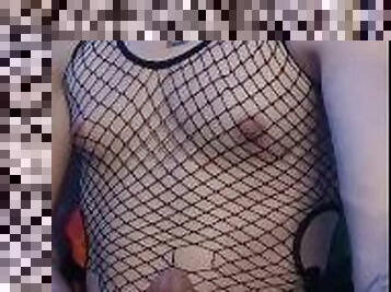 Real Trans Futa Girl Strokes Her Big Cock in Fishnets