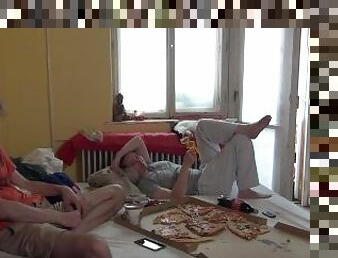 dilettant, berühmtheit, paar, blondine, lustig, pizza