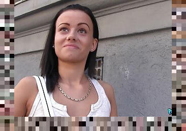 Cute brunette Tina Walker takes money for sex in the public place