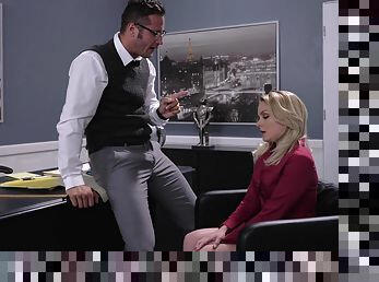 Blonde secretary Lisey Sweet drops on her knees as a punishment