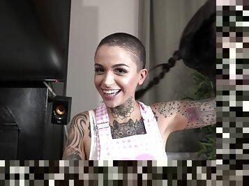 Tattooed chick Leigh Raven drops her clothes for hardcore sex