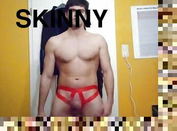 Skinny Fit guy in Red open-thong jerking off