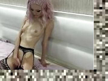 Skinny asian  masturbates in a shower