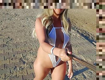 Exhibitionist Wife On A Public Beach In A Transparent Swimsuit