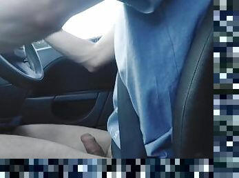 Teen bi twink boy drives around in a car and jerks off dick along the road