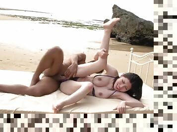 Big perfect tits on a slut fucking on the beach