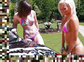 after the car wash Jessie Storm and her friend enjoy a threesome