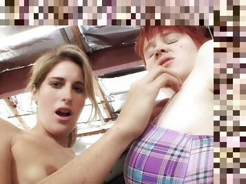 Lesbian amateur sluts kiss and finger on the hood of a car
