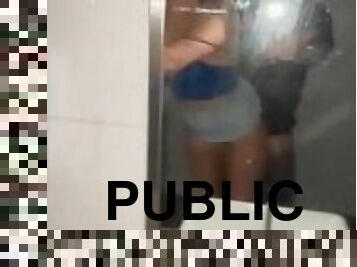 FUCKED & FACIALED in PUBLIC BATHROOM! Risky doggystyle fuck and cum walk!