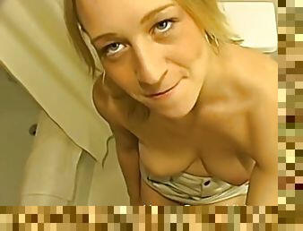 Blonde teen with a shaved pussy wants her mans warm load for breakfast