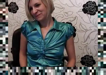 Secretary in a satin blouse toy bangs her vagina