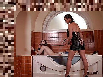 Mia Melone and Stella Cox get dirty in the bath with rough BDSM play