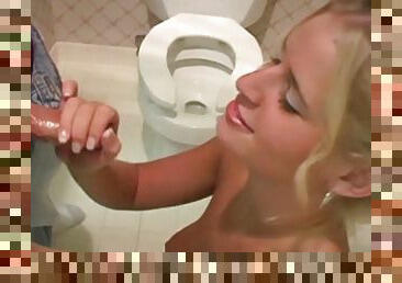 Glamorous pornstar giving steamy handjob in POV before receiving cum on her tits at the toilet