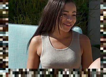 Natural tits Adrian in bra shaved pussy pounded hardcore outdoor