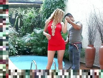 Lusty and sassy blond is riding her man by the pool
