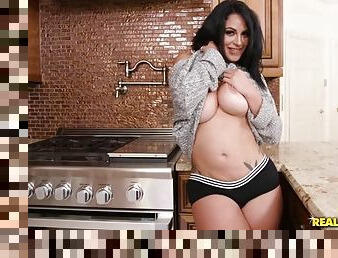 Big ass cougar rides hard wood in the kitchen
