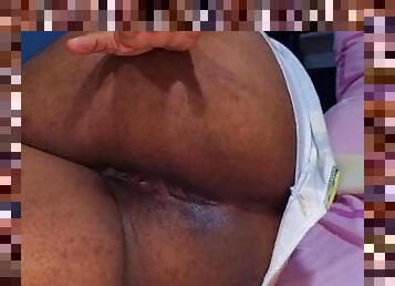 Ebony milf feels so horny while on her period, watch her show you her throbbing asshole