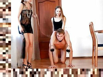 High heels play and pony riding in femdom threesome