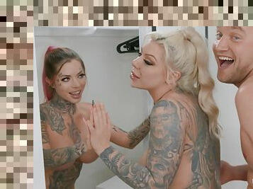 Inked bitches go full mode by sharing dick in extreme FFM ways