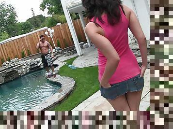 Charley Chase gives head to the hunky pool guy and wants his cum