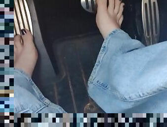 Going for a drive to the store in my jeans hard driving and pedal pumping & barefoot in public