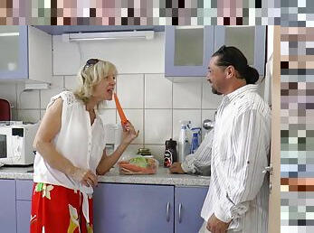 German skinny mature mature get fucked in kitchen with vegetables