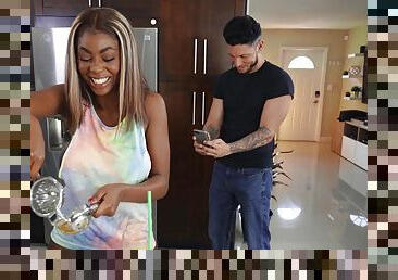 Ebony babe Tori Montana gets fucked hard by a white man in the kitchen