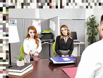 Erotic FFM threesome with Charlotte Sins and Cleo Clementine in the office