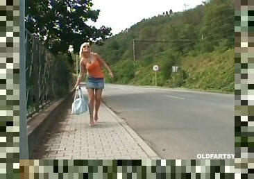 A slutty blonde teen gets pounded in public by an older dude
