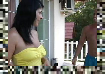 Sexy Brunette In Outdoor Action As Her Shaved Pussy Is Hammered
