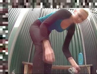 Voyeur video of bikini girl showering clean