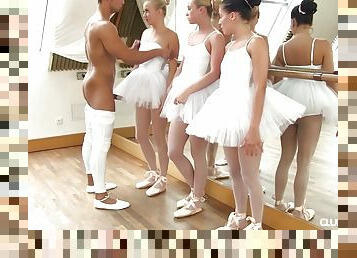 Beautiful ballerinas wait for their turn to lick the instructor's cock