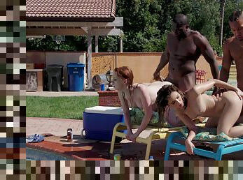 Black hunks share these fine bitches in a wild foursome by the pool