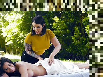 Outdoor massage turns into lesbian sex - Silvia Saige & Ivy Lebelle