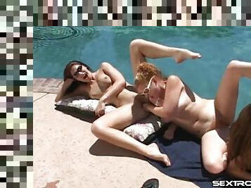 Poolside lesbian orgy with a group of sexy pornstars