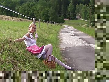 cute blonde Daphne Angel masturbates in nature thinking about penis