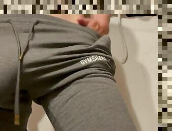 Huge cock bulge in gym pants. Masturbation with anal Play and cumshot