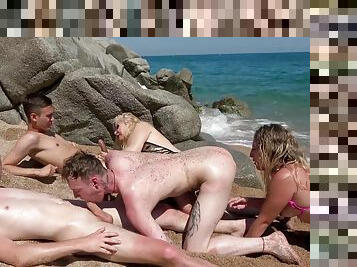 Outdoors bisexual group sex on the beach with chubby Venom Evil