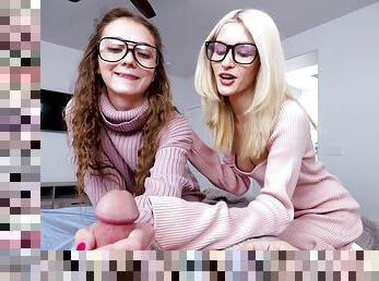POV video of FFM threesome with nerds Emma Rosie and Mira Monroe