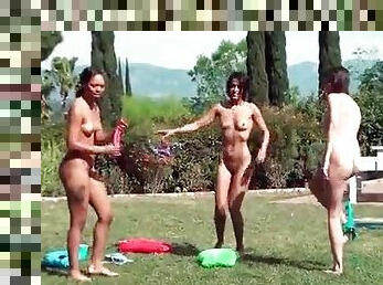 Pool party with lots of hot ladies outdoors