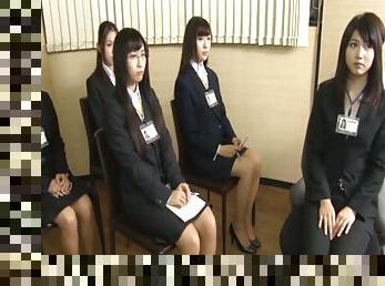 Japanese office girl in pantyhose gives a footjob