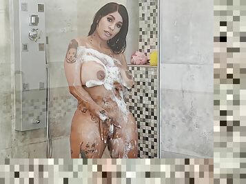 Dashing beauty shows off under the shower horny and moody to fuck like never before